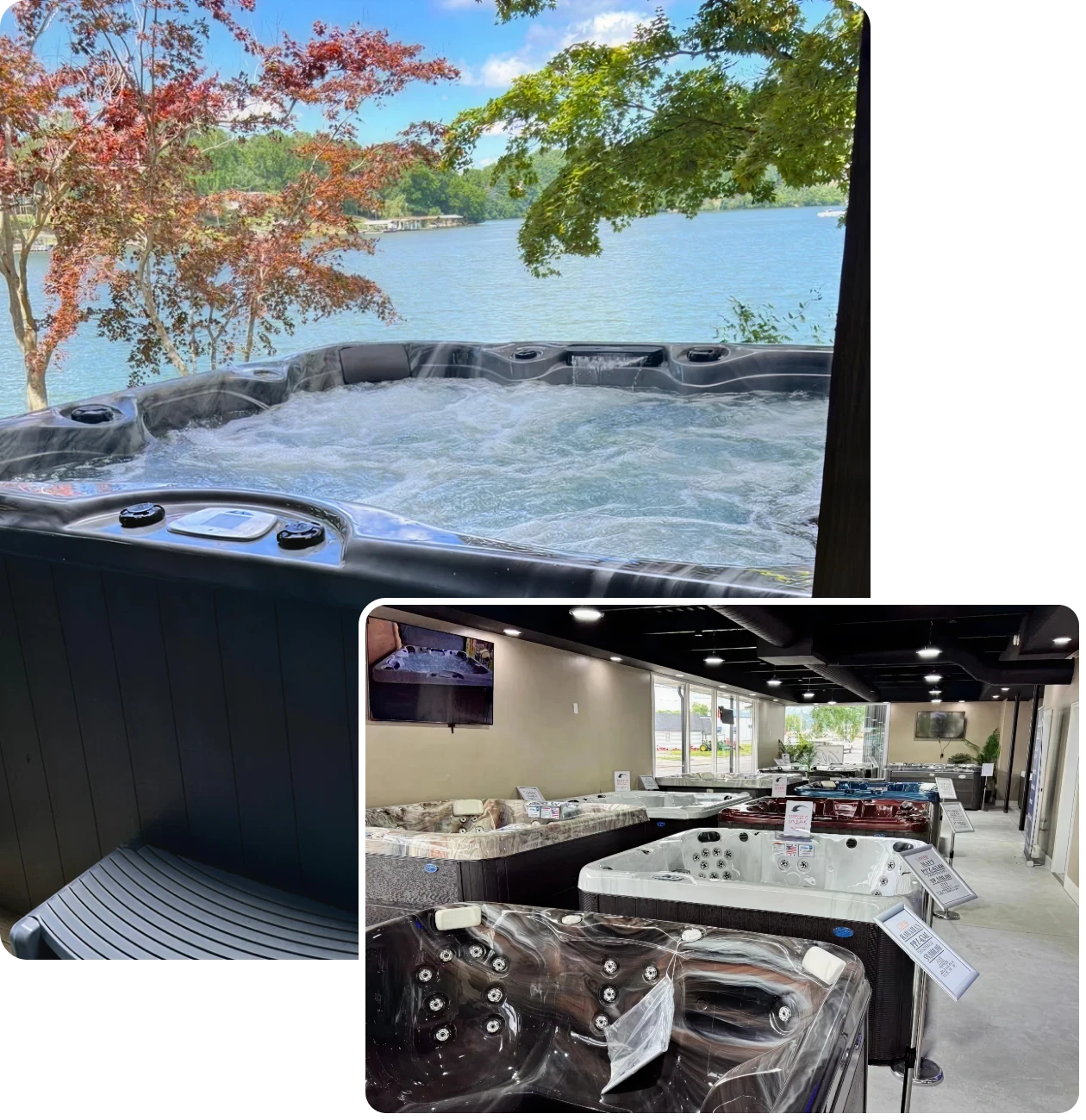 Car interior and showroom with a scenic lake view.