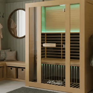 Modern home sauna in cozy room setting.