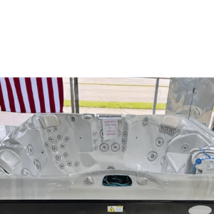 White hot tub with multiple jets displayed.