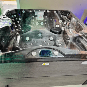 Luxury hot tub with multiple jet features.