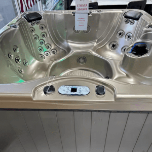 Luxury hot tub displayed in a showroom.
